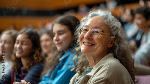 Happy senior woman is sitting at a lecture in class with young students. Continuous learning  Improvement concept. Generative ai.