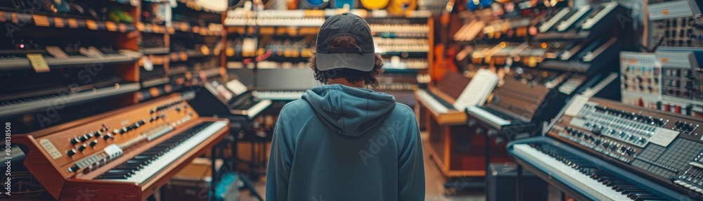 A musician browsing through a music store, looking for the perfect instrument to create new musical opportunities A musician browsing through a music store, looking for the perfect instrument to create new musical opportunities