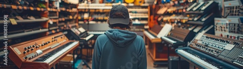 A musician browsing through a music store, looking for the perfect instrument to create new musical opportunities