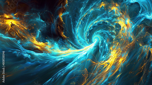 A dynamic scene of electric blue and bright yellow waves, spiraling together in a vigorous display that captures the essence of dynamic motion and energy. photo