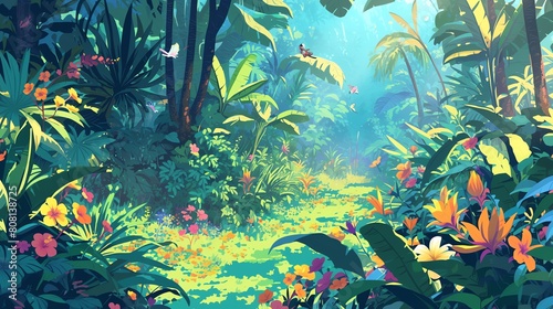A lush jungle scene with exotic flowers and tropical foliage, teeming with life and vibrant colors. Anime background © BackVision Studio