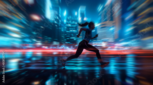 side view of athlete woman running on big modern city with skyscrapers and urban skyline background, fast speed trace and blurred motion, person jogger concept