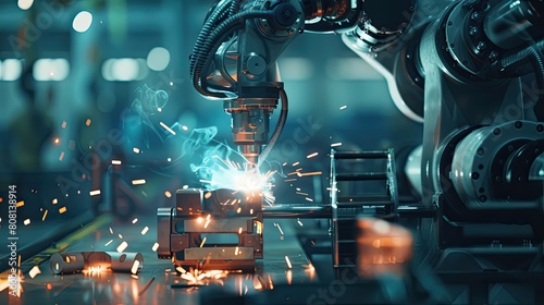 Close-up of a robotic arm welding metal parts in an industrial plant, sparks flying.