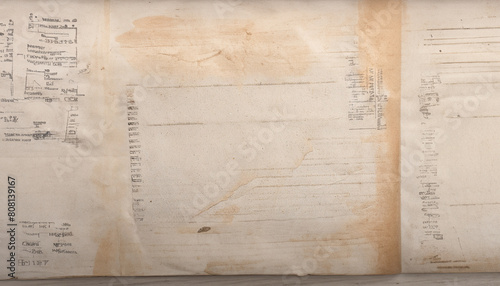 An old parchment-like surface with faintly visible writing and ink spots. A backdrop reminiscent of an ancient newspaper. A manuscript weathered by time. Generative ai