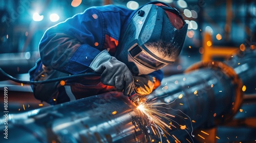 Close-up of a skilled worker performing TIG welding on a stainless steel pipe, sparks and light reflections visible.