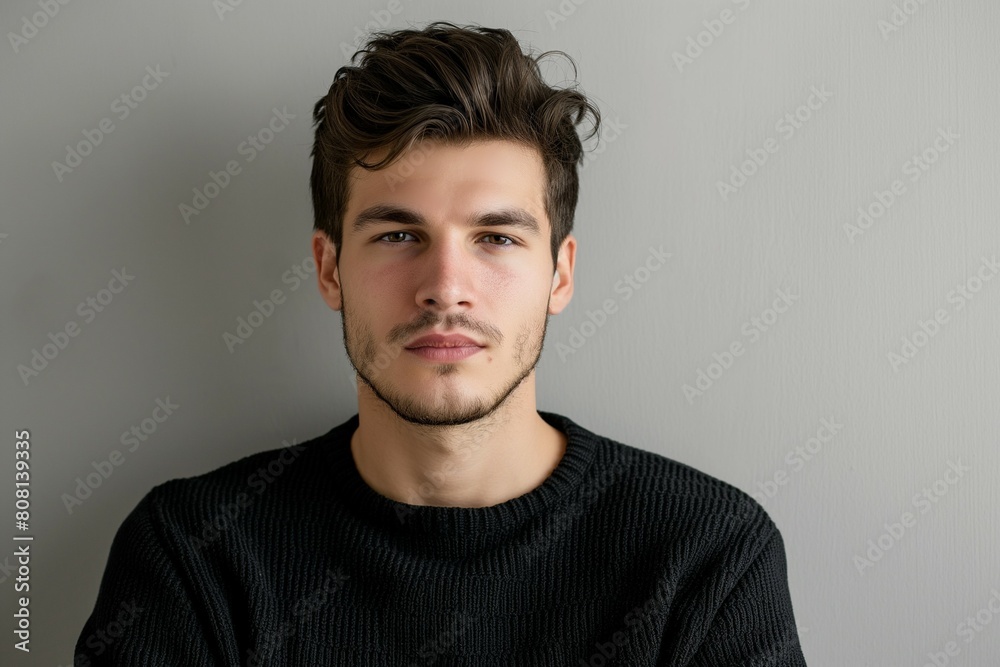 Portrait of young man with dark hair and light eyes wearing black sweater