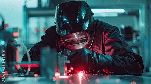 Close-up of a technician performing TIG welding in a high-tech manufacturing environment, precision and concentration visible
