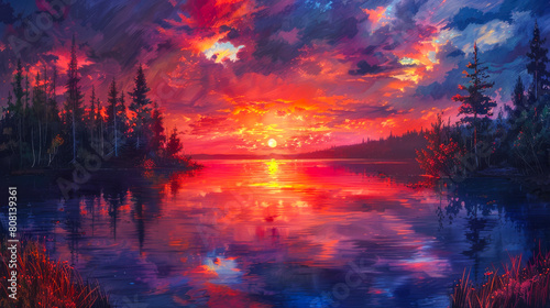 Vibrant Sunset Over Serene Lake with Colorful Reflections
