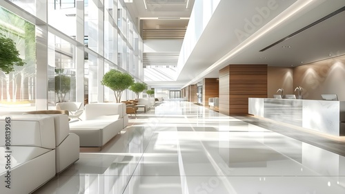 Contemporary hospital lobby featuring stylish design, cozy seating, and inviting ambiance. Concept Hospital Design, Stylish Lobby, Cozy Seating, Inviting Ambiance © Anastasiia