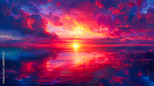 Vibrant Sunset Over Serene Lake with Colorful Reflections
