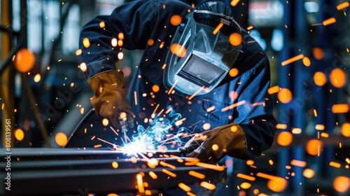 Close-up of a welder using advanced flux core welding techniques on heavy machinery, with intense focus and precision