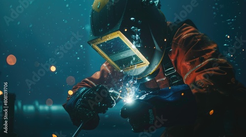 Close-up of an underwater welder at great depths, helmet light illuminating the dark sea as he welds a submerged structure.
