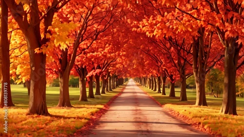A scenic road in the midst of fall, bordered on both sides by a row of vibrant trees displaying their autumn colors, A stunning panorama of a tree-lined avenue during fall photo