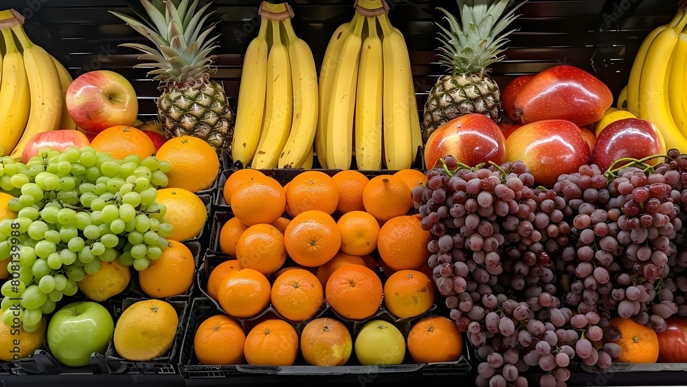 Display of Organic Fruits in Supermarket Featuring Apples, Oranges, Bananas, Grapes, and Pineapples. Concept Organic Fruits, Supermarket Display, Apples, Oranges, Bananas, Grapes, Pineapples