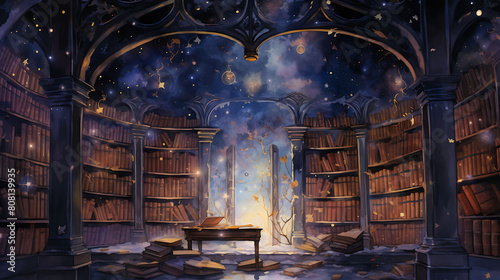 Paint a watercolor background of an ancient library filled with magical tomes and glowing lanterns photo