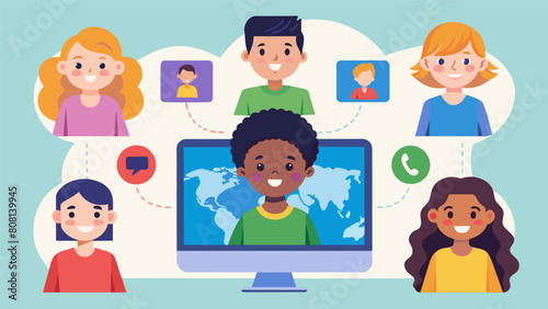 Kids can participate in online language exchange programs using advanced video conferencing technology allowing them to connect with other students. Vector illustration