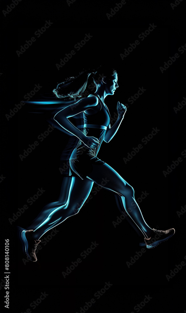 side view of athlete woman jogging on black background, professional running sport, fast speed trace and blurred motion, person runner concept