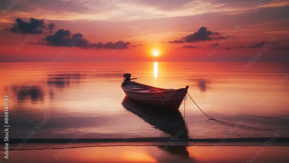 Small boat moored on a calm beach during sunset