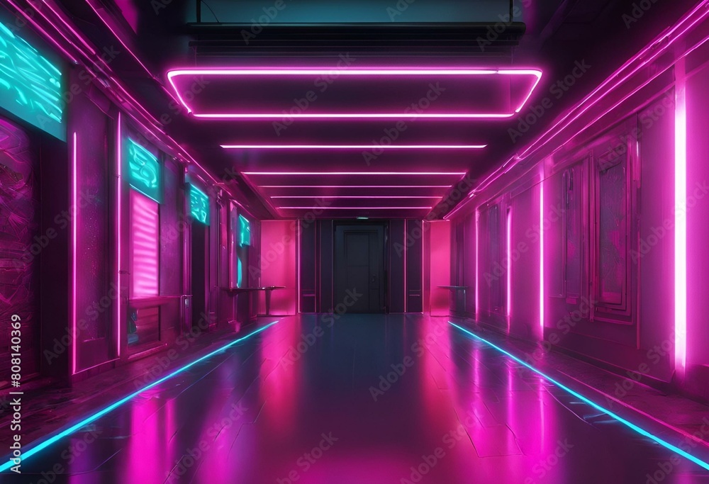 AI generated illustration of a hallway with neon lights on each side of the door