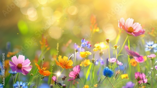 A field of flowers with a bright sun shining on them. The flowers are pink and yellow. The sun is shining brightly on the flowers  making them look even more beautiful.