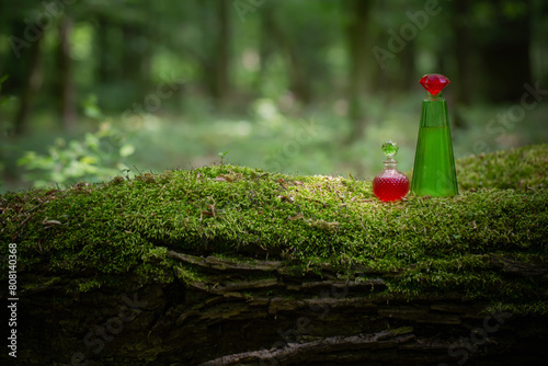 magican potion in glass bottle in summer forest photo