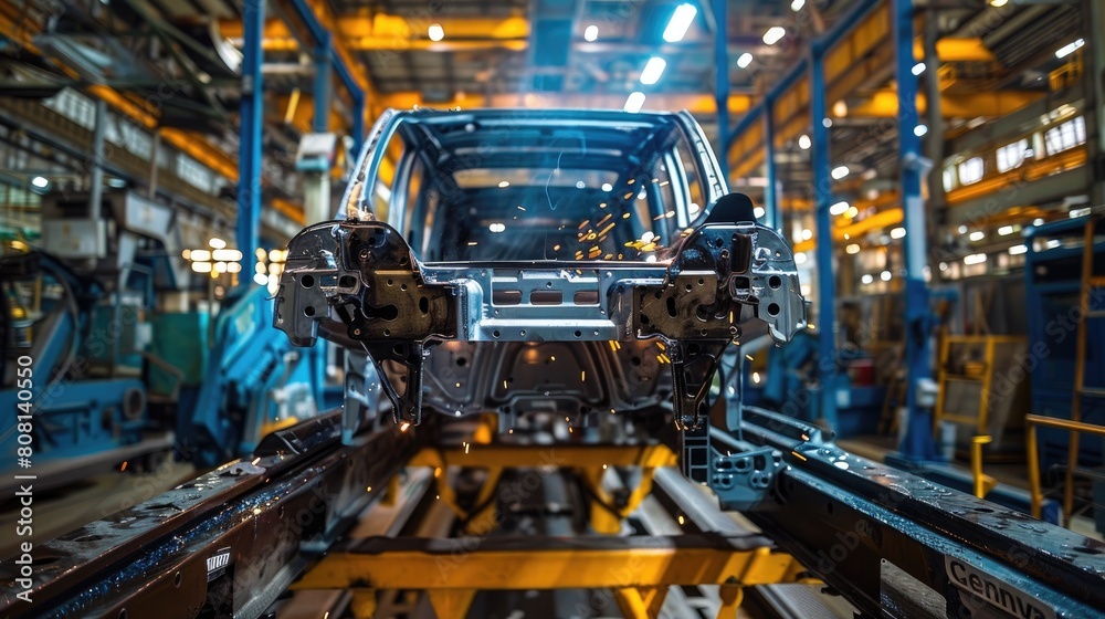 Close-up of structural welding in progress on a heavy-duty vehicle frame in a manufacturing facility, highlighting skill and concentration. Close-up of structural welding in progress on a heavy-duty vehicle frame in a manufacturing facility, highlighting skill and concentration.