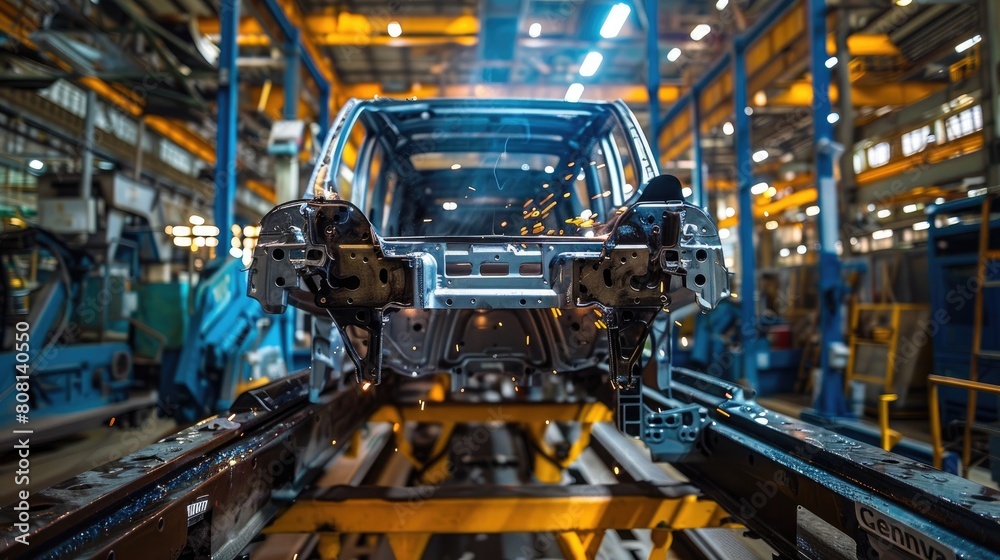 Close-up of structural welding in progress on a heavy-duty vehicle frame in a manufacturing facility, highlighting skill and concentration.