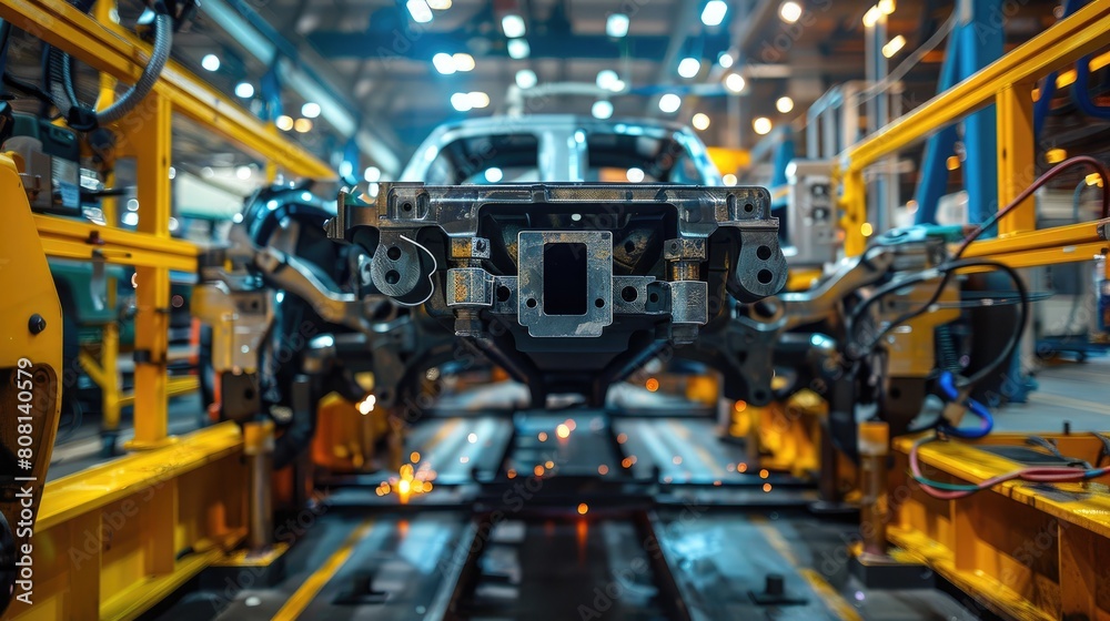 Close-up of structural welding in progress on a heavy-duty vehicle frame in a manufacturing facility, highlighting skill and concentration.