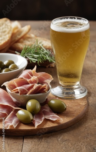 cold beer with serrano ham and olives