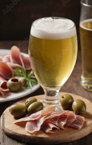 cold beer with serrano ham and olives