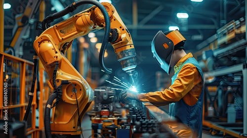 Certified welder setting up automated welding machinery in a high-tech manufacturing line.