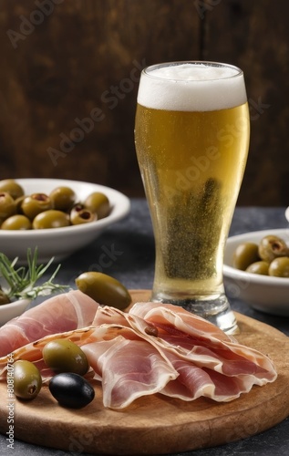 cold beer with serrano ham and olives