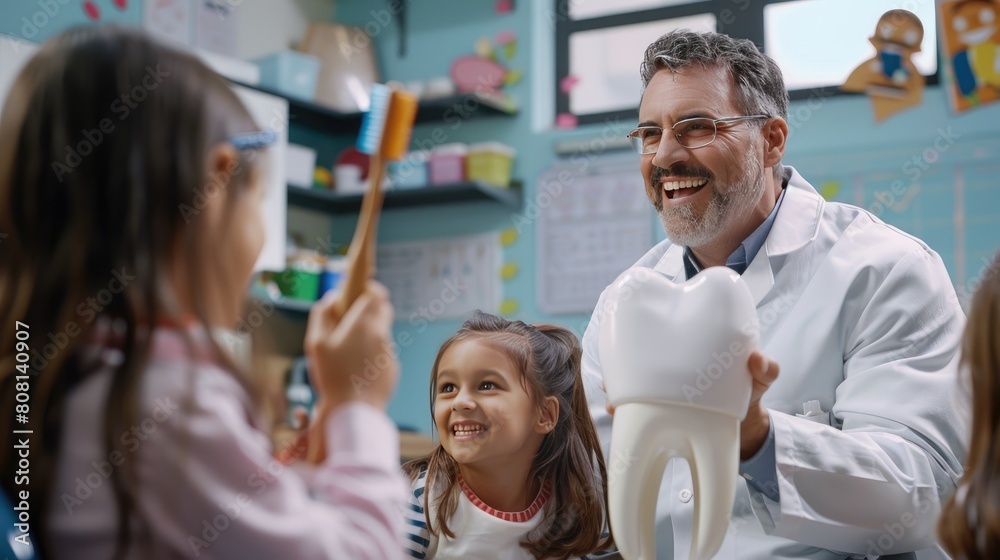Dentist visiting a classroom to teach kids about oral hygiene, with a large toothbrush model.