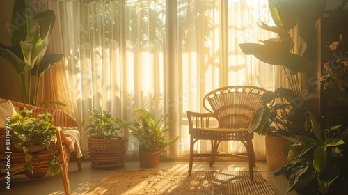 natural home decor, sunlight gently fills the room, illuminating rattan furniture and potted plants, creating a natural ambiance indoors with a soft glow © Aliaksandra