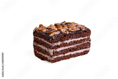 Photography Piece of chocolate cake isolated on white background.