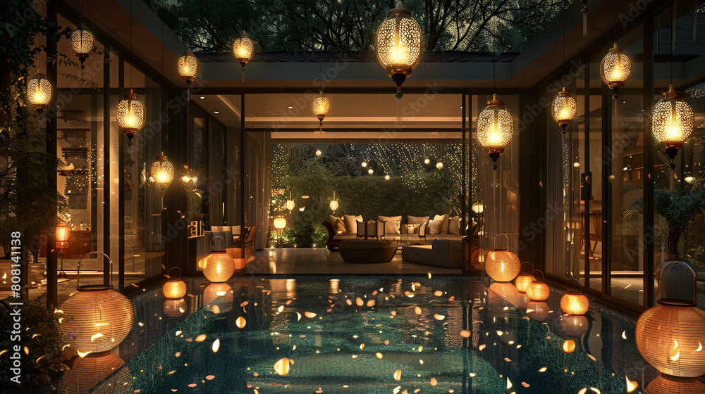 An enchanting view of a luxury villa at night, with a pool surrounded by lanterns that flicker like fireflies in the dark. 