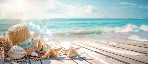 Beach background with shells, starfish and straw hats. photo