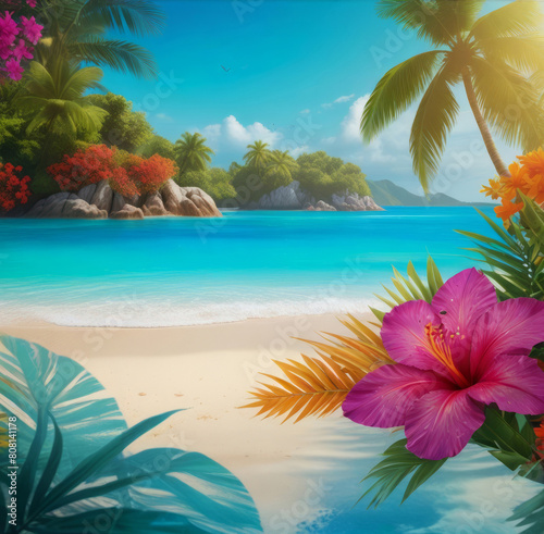 summer poster with paradise island and exotic flower closeup