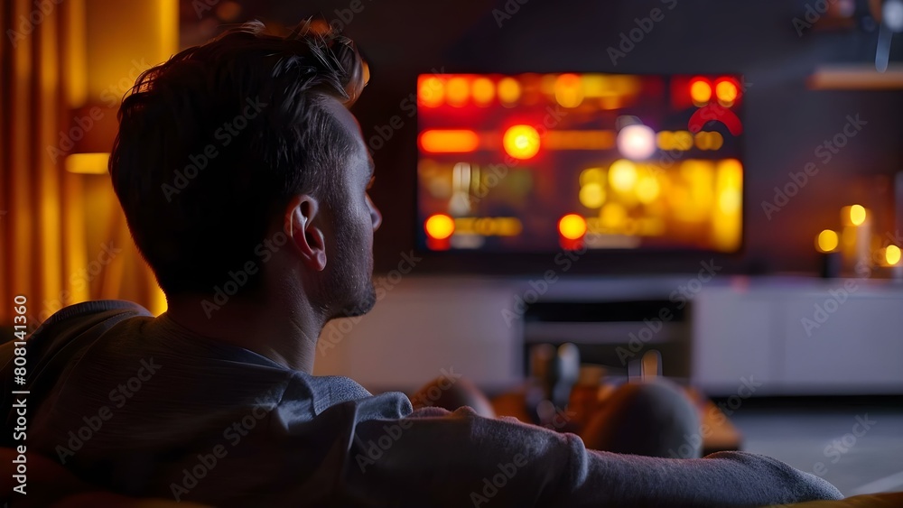 A man watches streaming service on smart TV at home. Concept Home Entertainment, Streaming TV, Relaxing Lifestyle, Modern Technology, Domestic Leisure