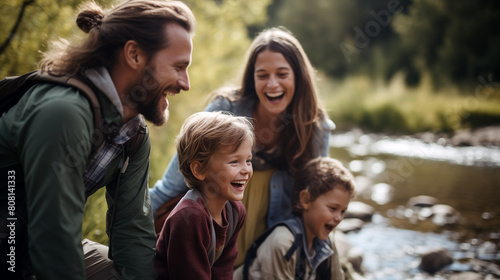 A boy and his family laugh and have fun hiking next to a creek.