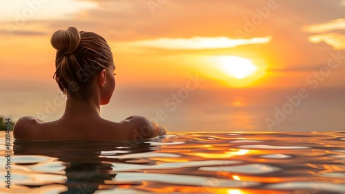 Luxury Resort Hotel  Woman Enjoys Sunset Swim in Infinity Pool. Concept Luxury Travel  Sunset Swim  Infinity Pool  Resort Hotel  Woman Portrait