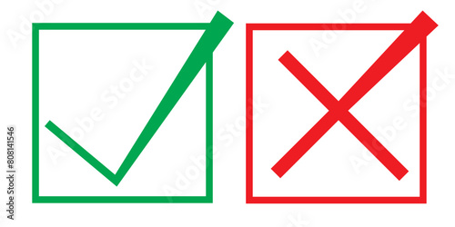 Flat vector icon.  Checkmark icon set. Green tick and red cross checkmarks icons.   vector illustration.