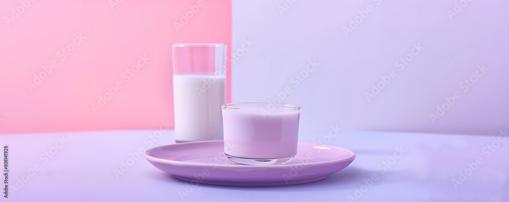 Dairy milk in glass and cup on colored background Dairy milk in glass and cup on colored background
