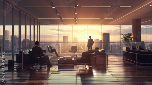Business people in the modern room. Business people shaking hands with people in the background. Generative AI illustrations.