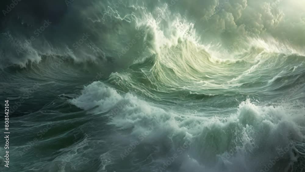 A powerful wave crashes amidst a vast expanse of water, creating a dramatic scene, A turbulent hurricane at sea