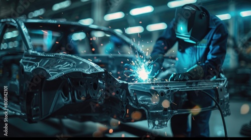Professional welder using MIG techniques on a vehicle frame in a modern automotive workshop. photo