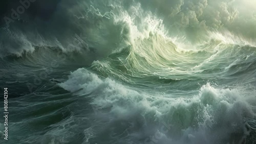 A powerful wave crashes amidst a vast expanse of water, creating a dramatic scene, A turbulent hurricane at sea photo