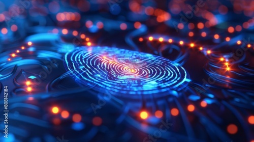 An artistic rendering of a biometric fingerprint scanner, finger pressing down, with swirling lines indicating the scan process photo