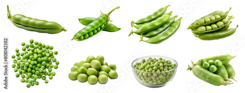 Green pea vegetable, many angles and view side top front cluster pile group isolated on transparent background cutout, PNG file. Mockup template for artwork graphic design