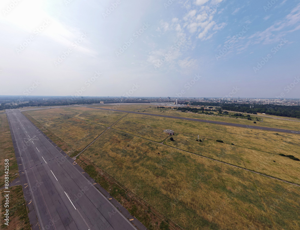 Aerial landscape of Tempelhofer Feld runway at abandoned airport in summer in Central Berlin